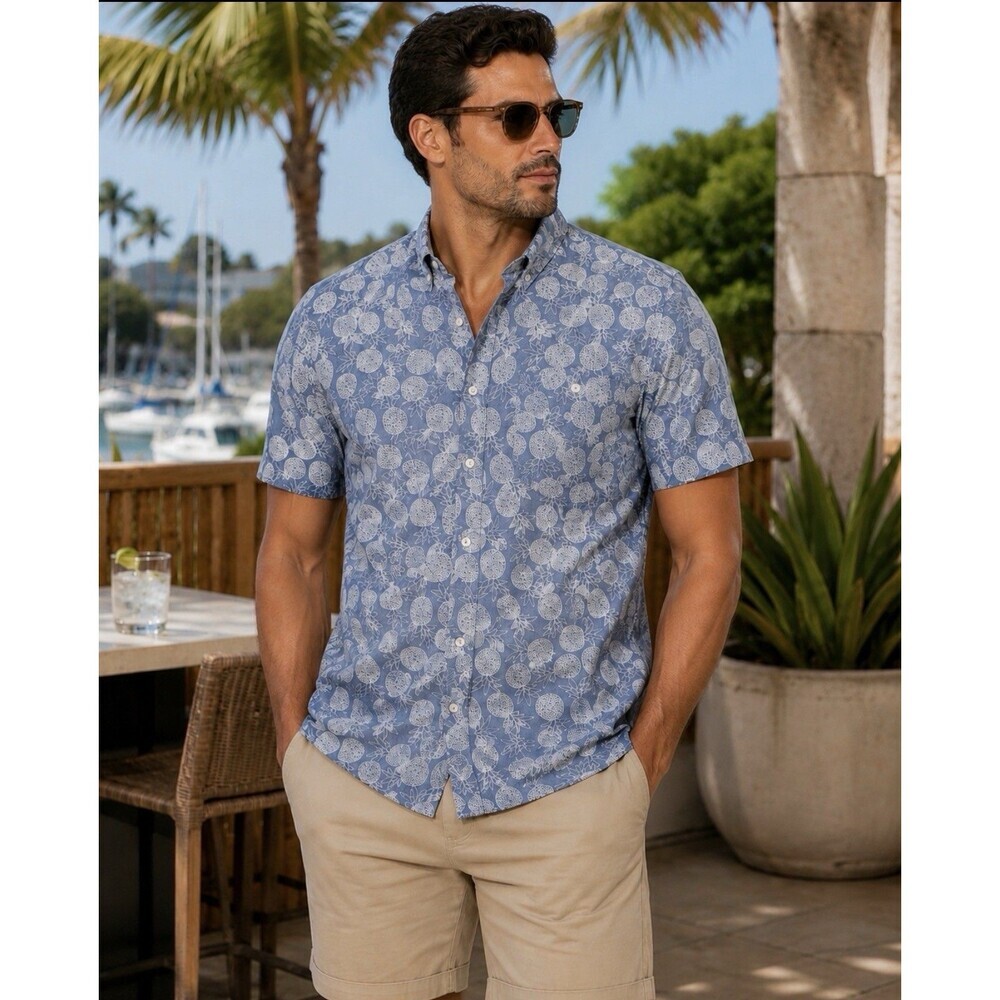 Artistry in Motion Pineapple Print Chambray Blue Shirt XXL Slim Fit Cotton